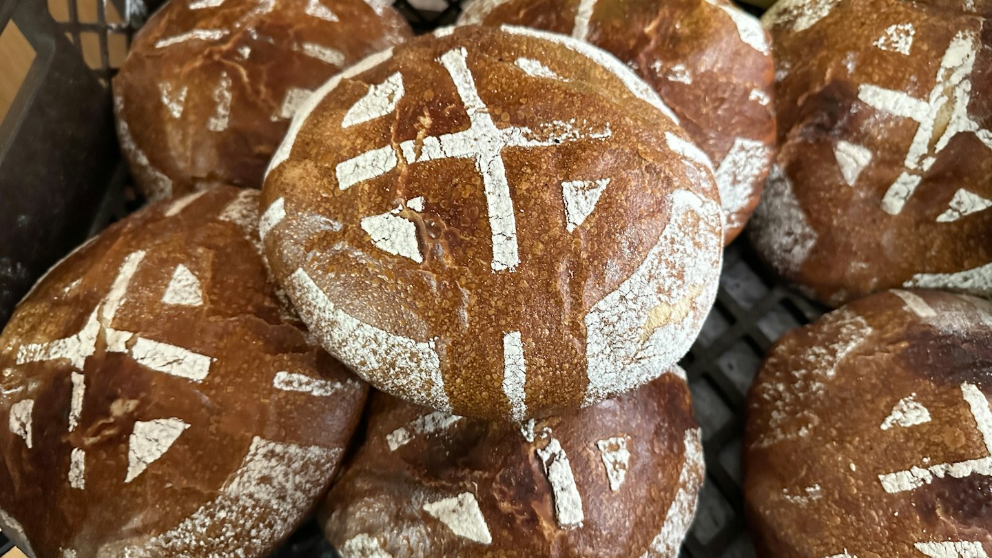 Nybakade surdegsbröd med konstnärliga snitt.